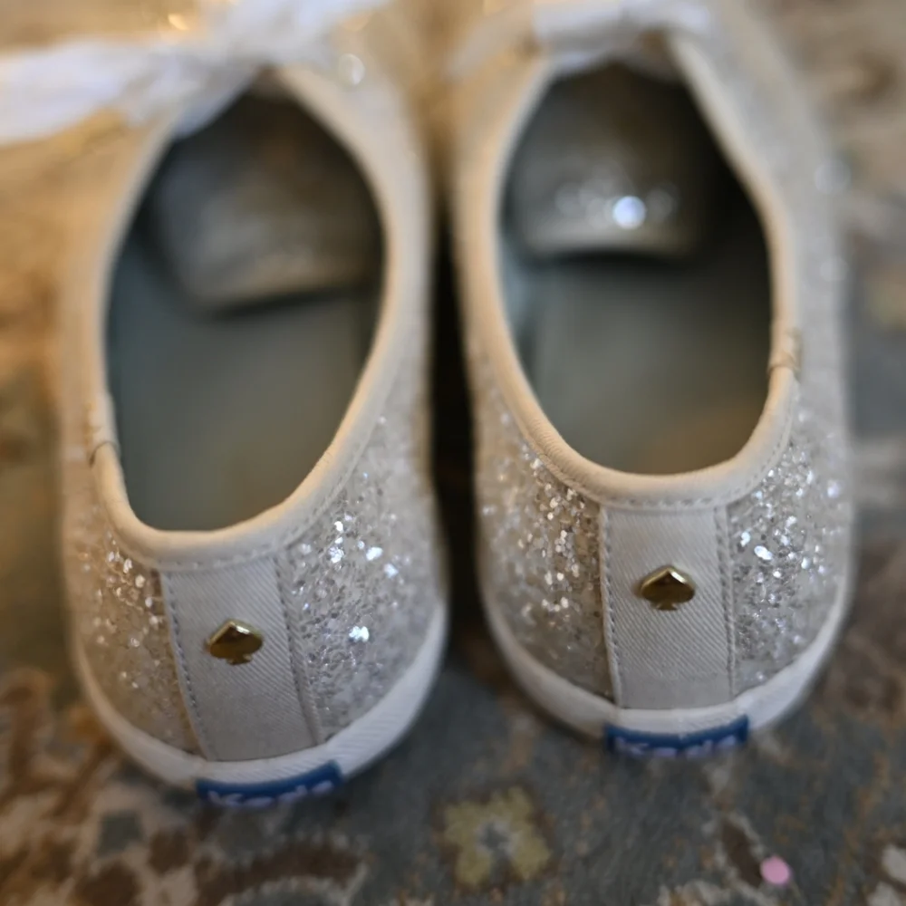 Keds X Kate Spade Silver Glitter White Sequin Sneakers White Laces Size 8 Bridal
